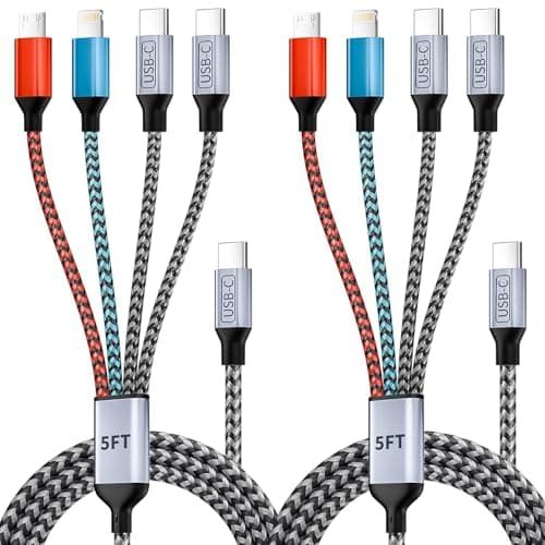 USB C 4 IN 1 Multi Charging Cable, Travel Essentials with Dual Type-C/Micro/IP Port, 2 Packs 5FT Nylon Multiple Charger Cord for iPhone 17 Pro Max/17 Air/16/15/14, Galaxy S25, iPad, Andorid and More - Image 1