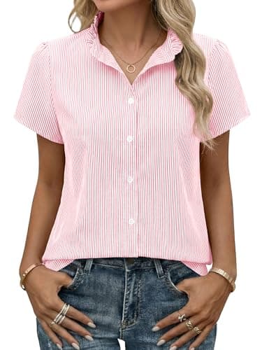 Funlingo Button Down Shirts for Women Short Sleeve Ruffle Collared Striped Blouses Summer Office Work Tops Business Casual Outfits 2026 Pink White S - Image 1