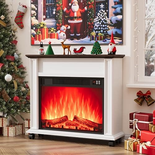 Electric Fireplace with Mantel, Farmhouse Electric Fireplaces TV Stand, White Fireplace Entertainment Center with 23 inch Heater and Removable Roller for Living Room, Bedroom - Image 1
