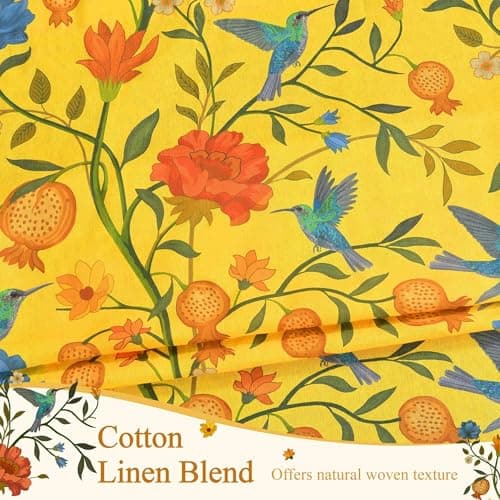 JOOJA Bird Floral Linen Bedroom Curtains 2 Panels 84 Inches Mustard Yellow Printed Window Patterned Colorful Kitchen Sheer Curtains for Bedroom Living Room Semi Blackout - Thumbnail 3
