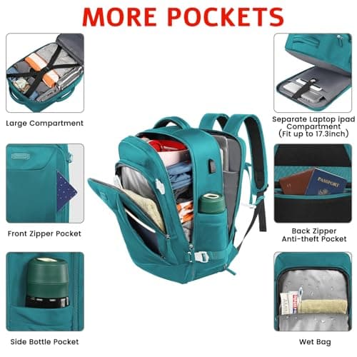 Carry on Backpack, Flight Approved Extra Large Travel Backpack with USB Charge Port, TSA 15.6 Inch Anti-Theft Laptop Backpack Lightweight Daypack Business College Weekender Overnight Bag, dark green - Thumbnail 5