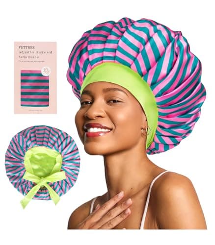 Vettres Floral Satin Bonnet For Sleeping Women Double Layer Pleated Design Adjustable Shower Cap For Curly Hair Pink Green Stripes - Image 1