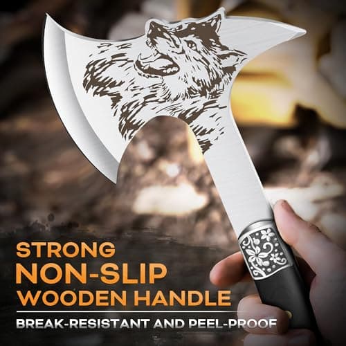 Grumpy Bear Camping Hatchet with Wolf Carving, Full Tang Outdoor Axe with Decorative Handle, Durable Forged Blade for Hiking, Bushcraft, and Survival - Thumbnail 4