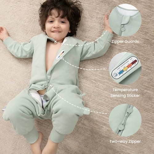 kaiya baby Unisex Toddler Sleep Sack with Feet 1.0 Tog Split Legs Sleep Sack 3T-4T, Sleep Bag Walker, Gifts for Boys & Girls, Pea Green - Thumbnail 5