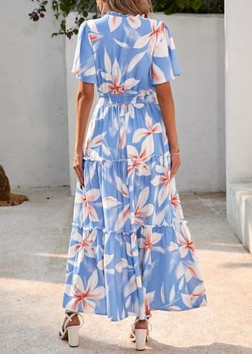 KIRUNDO Spring Summer Wedding Guest Dresses for Women 2026 Boho Floral Short Sleeve V Neck Ruffle Tiered Flowy Maxi Dress(Sky Blue, XX-Large) - Thumbnail 2
