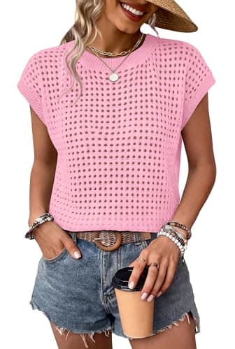 Womens Tops Trendy Short Sleeve Sweater for Women Spring Tops Cute Summer Outfits Cruise Teacher Resort Wear 2026 Boho Beach Vacation Clothes Fashion Clothing Business Casual Shirts Dressy Work Pink - Thumbnail 2