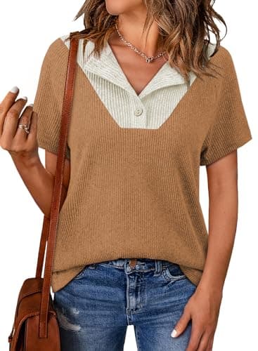 EVALESS Spring Summer Tops for Women 2026 Casual Short Sleeve T Shirts V Neck Henley Shirts Sexy Patchwork Button Up Knit Pullover Tunic Tops Fashion Clothing Camel Medium - Image 1