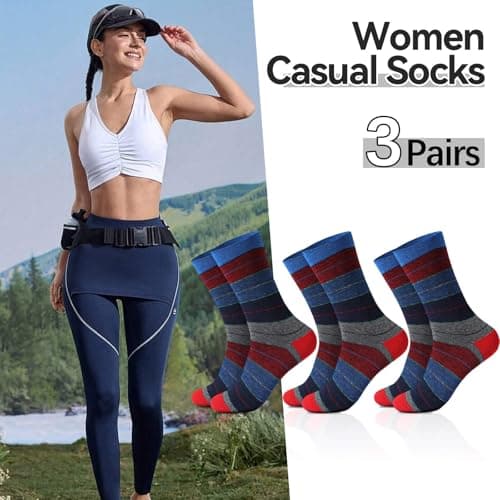 NKMOOS Thin Bule Red Striped Socks Women Cotton,Vintage Bule Grey Women's Crew Socks Size 7-9,Fashion Soft Cozy Casual Everyday Breathable Business Work Gifts for Women Sock for Trouser 3 Pairs - Thumbnail 3