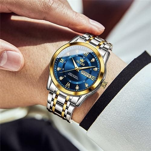OLEVS Gold and Blue Watches for Men Big Face Dress Watch Stainless Steel Nice Fashion Blue Male Watch Diamond Waterproof Luxury Wristwatch Reloj Hombre - Thumbnail 4