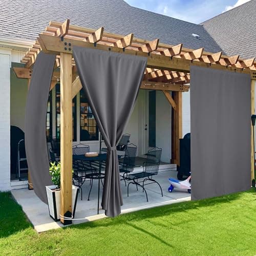 NICETOWN 2 Panels Outdoor Curtains for Patio, Adhesive Strip Top No Rods Needed, Back Tab Bottom with Free Rope for Wind Resistance, Waterproof Durable Drape for Gazebo/Pergola, W52 x L108 in, Grey - Image 1
