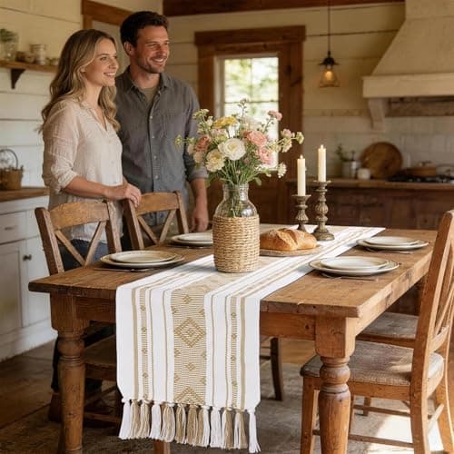 yuboo Boho Table Runner 72 Inches Long, Cream Woven Jacquard Table Runner with Tassels, Neutral Farmhouse Rustic Dresser Runner Decor for Dining Room, Bridal Shower (Geometric Moroccan) - Thumbnail 3