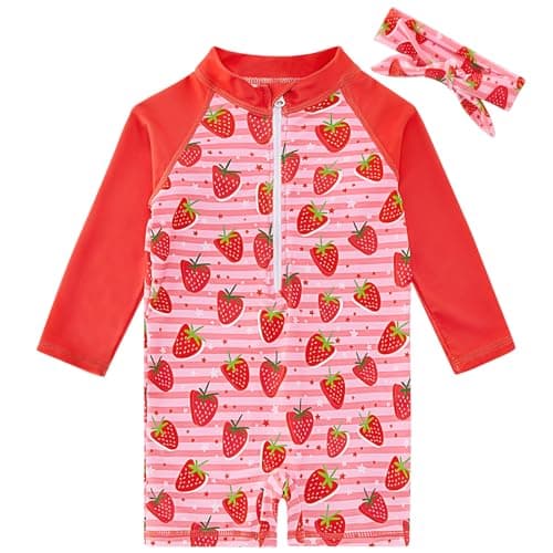 Funnycokid Toddler Bathing Suit Girl 3t 2t Months Swimsuit Rash Guard Strawberry Long Sleeve Swimwear One Piece Red with Headband - Image 1