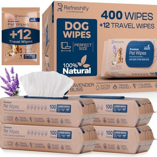REFRESHIFY Dog Wipes for Paws and Butt - Plant Based Lavender Scented (Pack of 400) - Pet Wipes for Dogs and Cats - Deodorizing Non Toxic Dog Wipes, +12 Additional Travel Wipes - Image 1