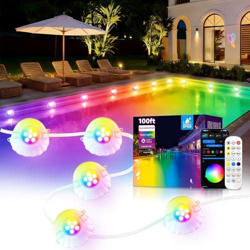 AHAWILL 100FT RGB Swimming Pool Lights for Inground & Above Ground Pools,IP68 Waterproof,Plug-in 16 Shell Pool LED String Lights,Remote/APP Control,16M Colors,DIY Timer,44 Dynamic Modes for Pool Decor
