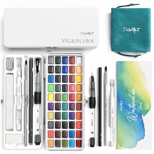 JusArt 50 Colors Watercolor Paint Set,Art Supplies with Metallic Color, Detail Painting Brushes, Water Brush Pens, Portable Travel Watercolor Painting Set for Adult, Artists, Professionals - Image 1