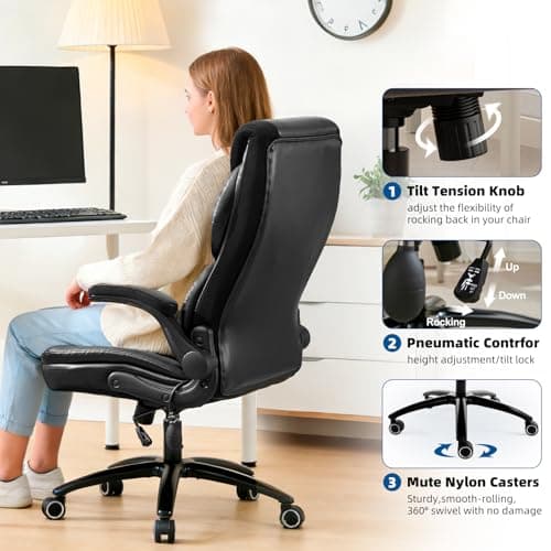 Fmolat Ergonomic Office Chair Gaming Chair Comfy - Breathable Leather Desk Chair with Lumbar Support & Back Support, Comfortable Computer Chair (Black) - Thumbnail 6