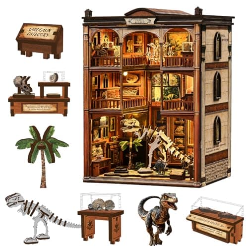 Havefunfun Dinosaur Museum Book Nook Kit - 3D Wooden Puzzle & DIY Miniature Dollhouse with LED Warm Light | Vintage Bookshelf Insert & Sturdy Bookends | Premium Creative Gift for Adults& Book Lovers - Image 1