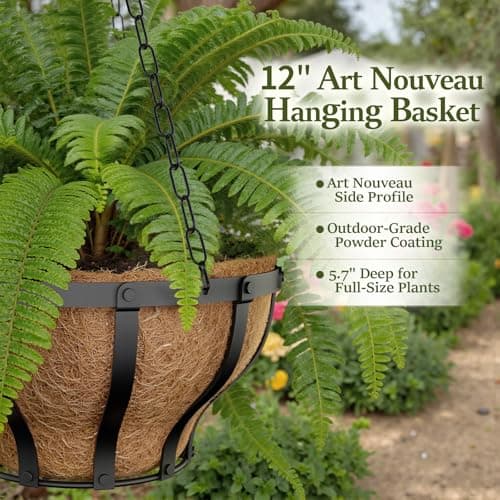 VOXOR Metal Hanging Baskets for Plants, Heavy Duty Wrought Iron Hanging Baskets with Coco Liner & Reinforced Chain, Ideal for Garden, Patio & Porch Decoration (2 Pack, 12 Inch) - Thumbnail 3