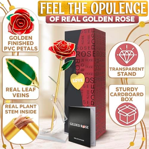 Gold Roses Artificial Flowers 24K – Gold Dipped Rose with Stand, Card & Gift Box, Roses for Mothers Day – Keepsake Gifts for Girlfriend for Anniversary, Birthday & Romantic Surprise Gift for Wife - Thumbnail 3
