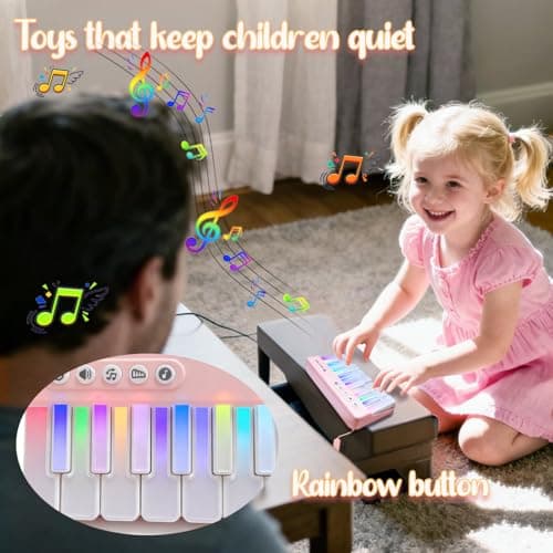 Kids Mini Piano Toy - Portable 15-Key Keyboard with Rainbow Lights, Toddlers Musical Instrument Learning Toys Birthday Gift for Ages 2-6 Boys & Girls (Pink) - Thumbnail 2