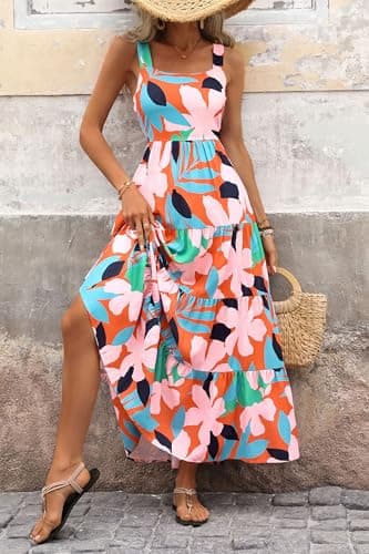 PRETTYGARDEN Women's Summer Floral Maxi Dress Sleeveless Smocked Ruffle Long Flowy Beach Vacation Boho Sundresses (Floral Orange Pink,Large) - Thumbnail 3