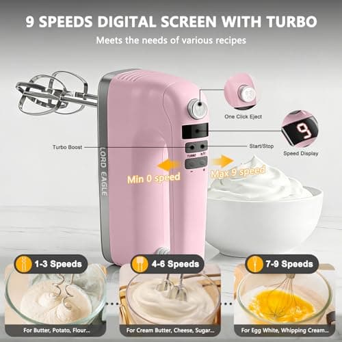 Lord Eagle 9-Speed Digital Hand Mixer Electric Handheld 500W, Pink - Thumbnail 2