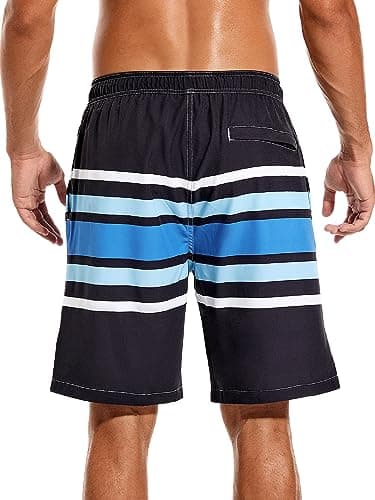 SILKWORLD Mens Swim Trunks with Compression Liner 9 Inch Quick Dry Beach Board Shorts with Zipper Pockets, Black Blue, Small - Thumbnail 4