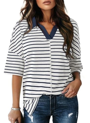 Dokotoo Summer Womens Shirts for Women 2026 Summer Cute Crop Tops White Blue Striped Polo Shirts Womens Blouses Dressy Casual Fashion Vacation Outfits Resort Wear Ladies Loose Fit Polo Shirts L - Image 1