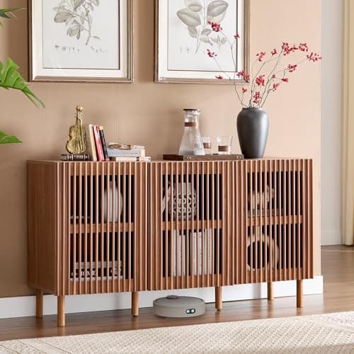 Bonzy Home 55'' Modern Credenza Storage Cabinet with Adjustable Shelves, Filing Cabinet for Home Office, Buffet Si的board Cabinet for Kitchen Dining Room Living Room Entryway, Walnut - Image 1