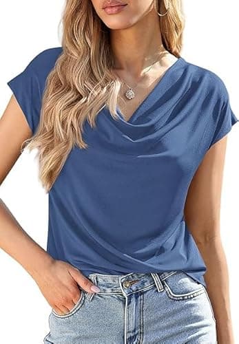 BTFBM Cowl Neck Tops for Women 2026 Spring Womens Tops Dressy Casual Business Blouses Short Sleeve Shirts Summer Outfits(Dark Blue, XX-Large) - Image 1