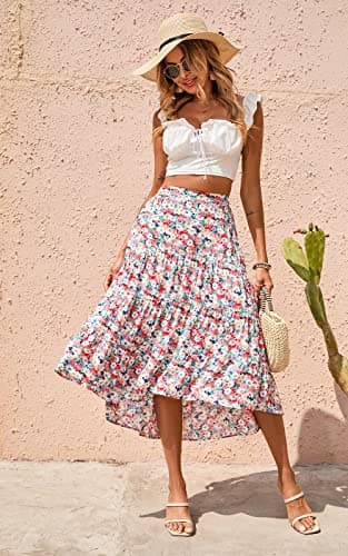 PRETTYGARDEN Ditzy Floral Skirt Midi Boho Elastic High Waist Skirt A-line Long Vintage Skirts for Women Pleated Skirt (Blue Red,Medium) - Thumbnail 4