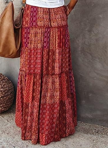 EARKOHA Womens Casual High Waist Tie Paisley Print Long Maxi Skirt with Pockets Red-1 L - Thumbnail 2