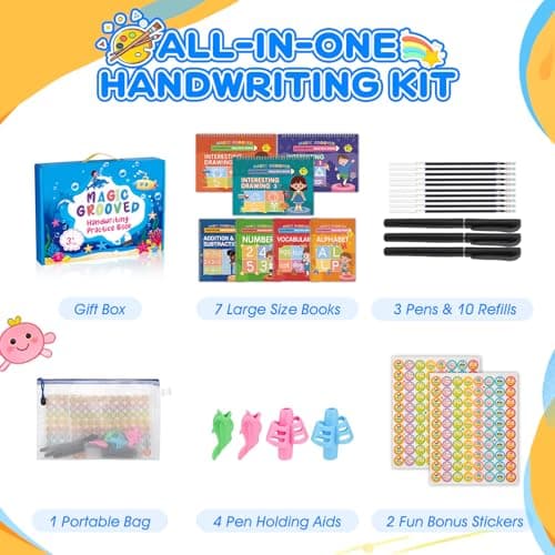 Magic Grooved Handwriting Practice Books for Kids Ages 3-5, Reusable Tracing Book, Preschool Learning Activity, Motor Skills Writing Workbook with Pencil Grips & Magic Ink Pens - Thumbnail 6