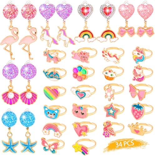 Adjustable Kids Jewelry for Girls in Box, No Duplication Clip on Earrings, Pretend and Dress Up Jewelry for Toddler Age 3-4, Princess Party Favors, Birthday Gifts for 3 4 5 6 7 8 9 Year Old Girls - Image 1
