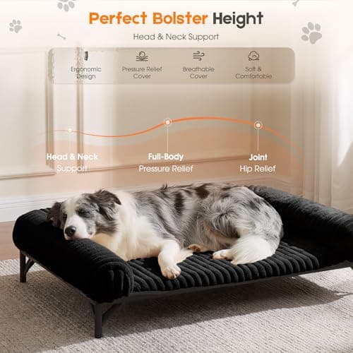 Elevated Dog Bed with Removable Fluffy Pillow Cushion, Raised Pet Cot Washable Bolster, Dog Couch Sofa, Anti Slip Feet, Breathable Mesh, Matte Black, 36"×26" - Thumbnail 2