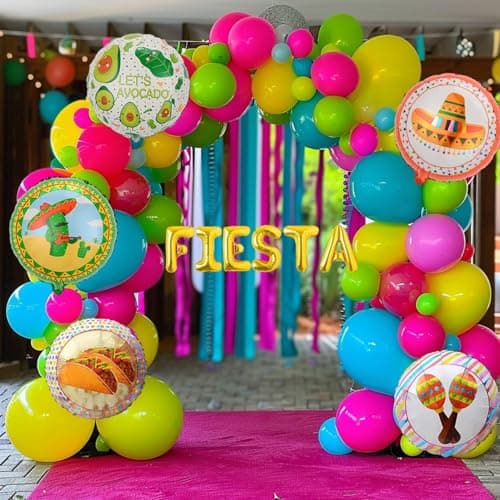 Cinco de Mayo Fiesta Balloon Garland Arch Kit, 160Pcs Rainbow Rose Red Pink Blue Yellow Green Blue Balloons for Mexican Fiesta Party Decorations - Thumbnail 5