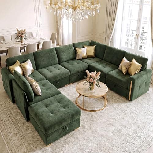smilesun Oversized Modular Chenille 8-Seater Sectional Sofa with Storage, Convertible Comfy Extra Deep & Wide Seat Couch with Gold Metal Accents & Legs for Living Room (Green) - Image 1