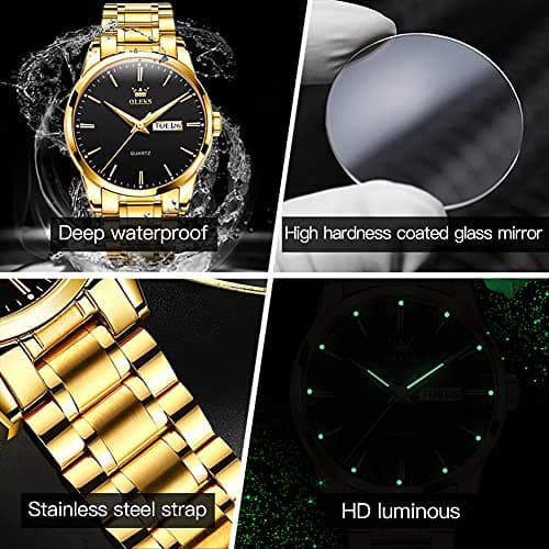 OLEVS Watch Men Gold Stainless Steel Black Watches for Men Luxury Large Face Analog Quartz Mens Watches Waterproof Classic Dress Wrist Watch for Man Day Date Casual Reloj para Hombre - Thumbnail 4