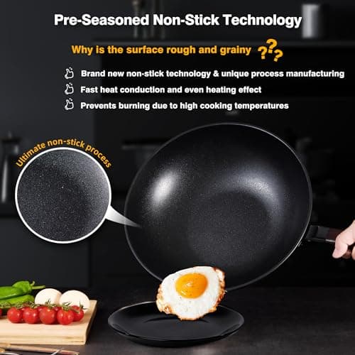 Teewe Carbon Steel Wok -13 Inch Woks & Stir-fry Pans Nonstick, Wok Pan with Lid Spatula and Dish Brush: Pre-Seasoned Flat Bottom Chinese Woks for Induction, Electric, Gas, All Stoves - Thumbnail 3