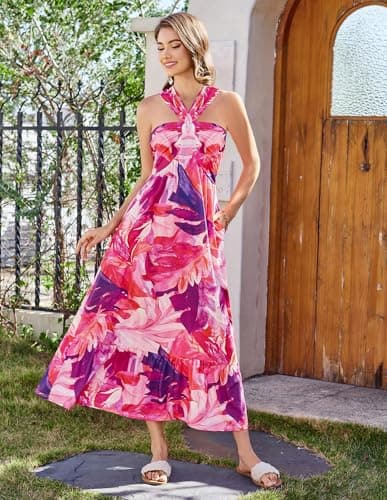 Women's 2026 Summer Floral Maxi Dress Criss Cross Halterneck Sleeveless Flowy A Line Boho Beach Vacation Casual Dress Pink Abstract XXL - Thumbnail 5