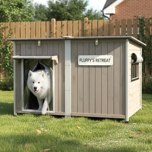Pawbuilt 55"L Dog House Outdoor Large Breed Extra XL Wooden Dog House with Weatherproof Asphalt Roof, All-Around Iron Frame, Removable Floor, Openable Top Roof, Air Vents Window, Chew-Proof Frame Gray - Image 1