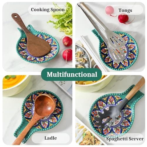 JINGUS Spoon Holder for Kitchen Counter, Large Ceramic Spoon Rest for Stove Top, 7.7 Inch Heat-Resistant Cooking Utensil Rest for Spatula, Ladle and Tongs, Great for Housewarming, Bohemian Green - Thumbnail 5