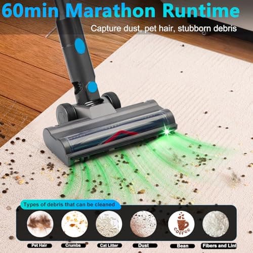 Cordless Stick Vacuum Cleaner: 45kPa Powerful Suction & 60Min Runtime, Self-Standing with Green Light & Anti-Tangle Brush, Rechargeable Lightweight Vacuum for Home Pet Hair on Carpets and Hard Floors - Thumbnail 2