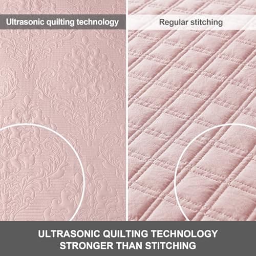 Hansleep Pink Quilt Twin Size - Damask Ultrasonic Summer Bedspread Twin, Soft Lightweight Coverlet Bedding Set, 2 Pieces (1 Quilt, 1 Pillow Shams) - Thumbnail 4