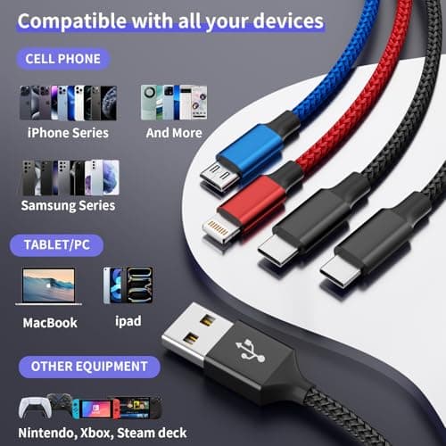 Dual Type-C 4 in 1 Multi Charging Cable for Multiple Devices with 2 USB-C/IP/Micro Port, USB Cable iPhone Charger Cord, Travel Cruise Essentials for iPhone17-8/Galaxy 25/Android/iPad, More, 2Pack 5FT - Thumbnail 6