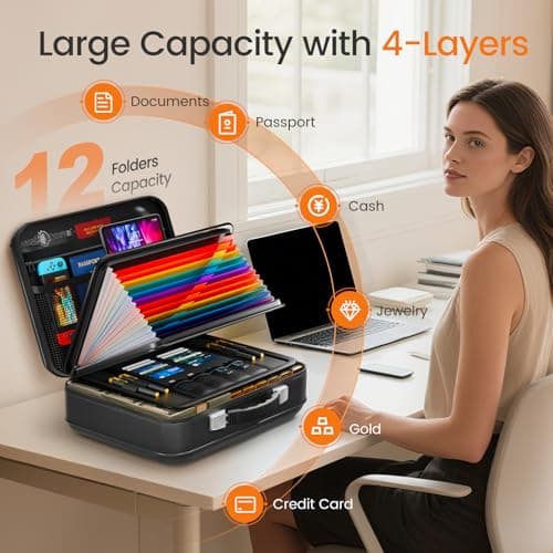 Fireproof Document Box with Lock, 5200°F Fireproof Water Resistant Hard Case File Organizer Safe Box for Important Documents, Certificates, Laptop, Passports (Black) - Thumbnail 5