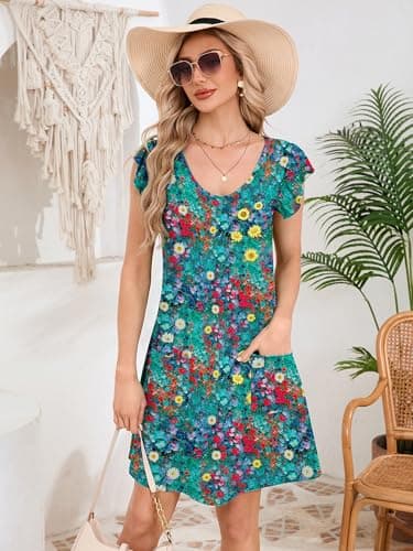 DEARCASE Womens Summer T-Shirt Dresses V Neck Elegant Classy Ruffle Sleeve A-line Tunic Dress 2026 with Pockets Floral Rapeseed Petals Small - Thumbnail 3