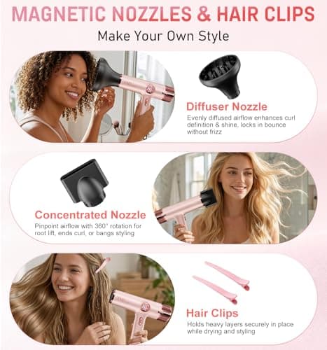 FMZ Professional Hair Blow Dryer with Smart Display, 1875W High Speed BLDC Motor for Fast Drying, Portable Mini Lightweight Quiet, Pink Curly Ionic Diffuser HairDryer for Women Girls Teen Salon Travel - Thumbnail 6