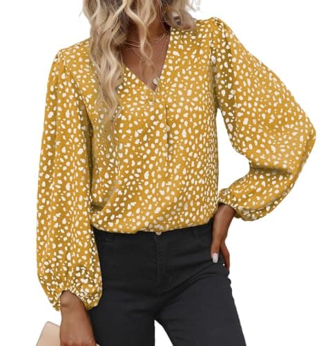 Womens Blouse with Stretch Long Sleeve Work Shirts Leopard Print Chiffon Tops V Neck Loose Business Shirts Large,Yellow - Image 1