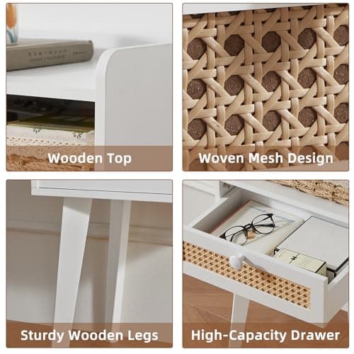 Lerliuo Rattan White Night Stand with Drawer Open Shelf, Cane Accent Nightstand Bed Side End Table with Solid Wood Legs, Boho Nightstands Bedside Tables for Bedroom Living Room Dorm and Small Spaces - Thumbnail 3